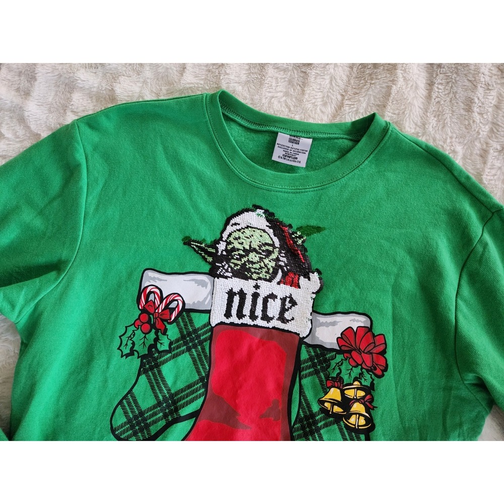 Star Wars Celebrate Together XMAS‎ Stocking "Nice" Sequin Yoda Green Sweater L